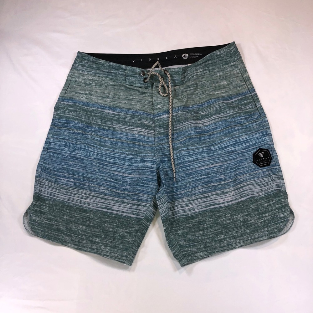 Vissla Mens 32 Board Shorts Blue Green Striped Upcycled Coconut Stretch M1151BLU